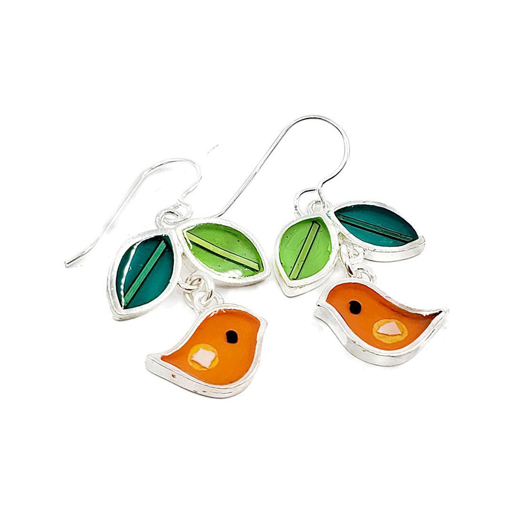 Earrings - Bird and Leaves (Orange) by Happy Art Studio