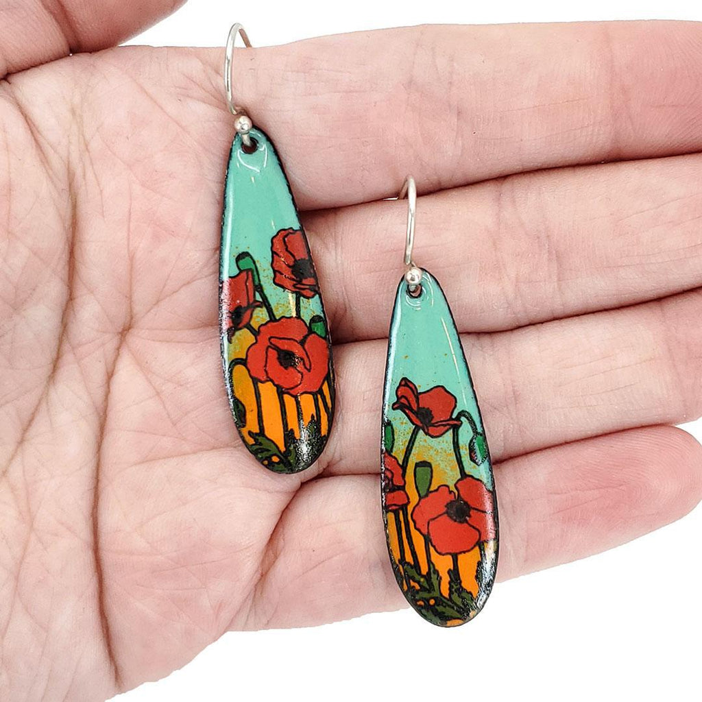 Earrings - Red Poppies Long Teardrop (Turquoise Orange) by Magpie Mouse Studios