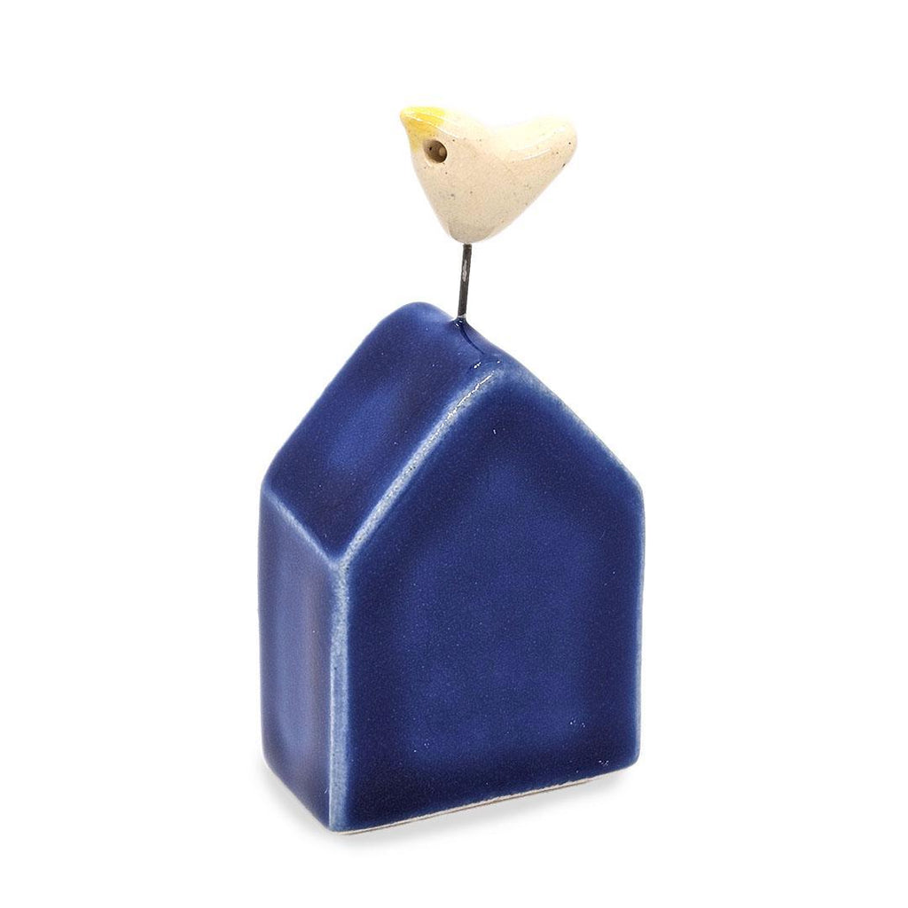 Tiny Pottery House - Dark Blue with Bird (White) by Tasha McKelvey