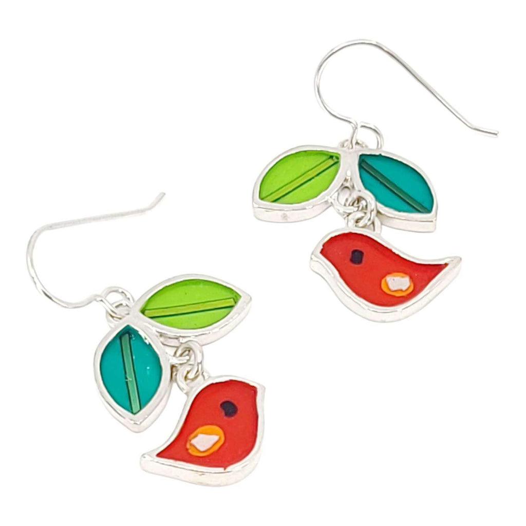 Earrings - Bird and Leaves (Red) by Happy Art Studio