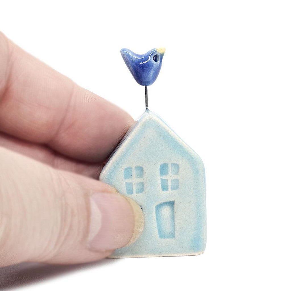 Tiny Pottery House - Aqua Blue with Bird by Tasha McKelvey