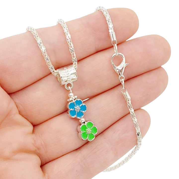 Necklace - Double Small Flower Pendant (Blue Green, Silver Plate) by Tiny Aloha