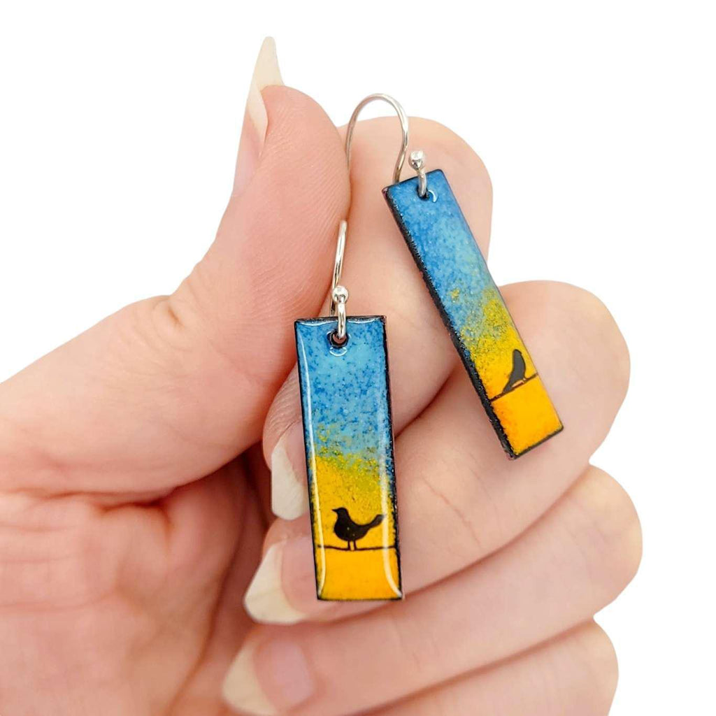 Earrings - Slim Rectangle Birds on Orange and Blue Background by Magpie Mouse Studios