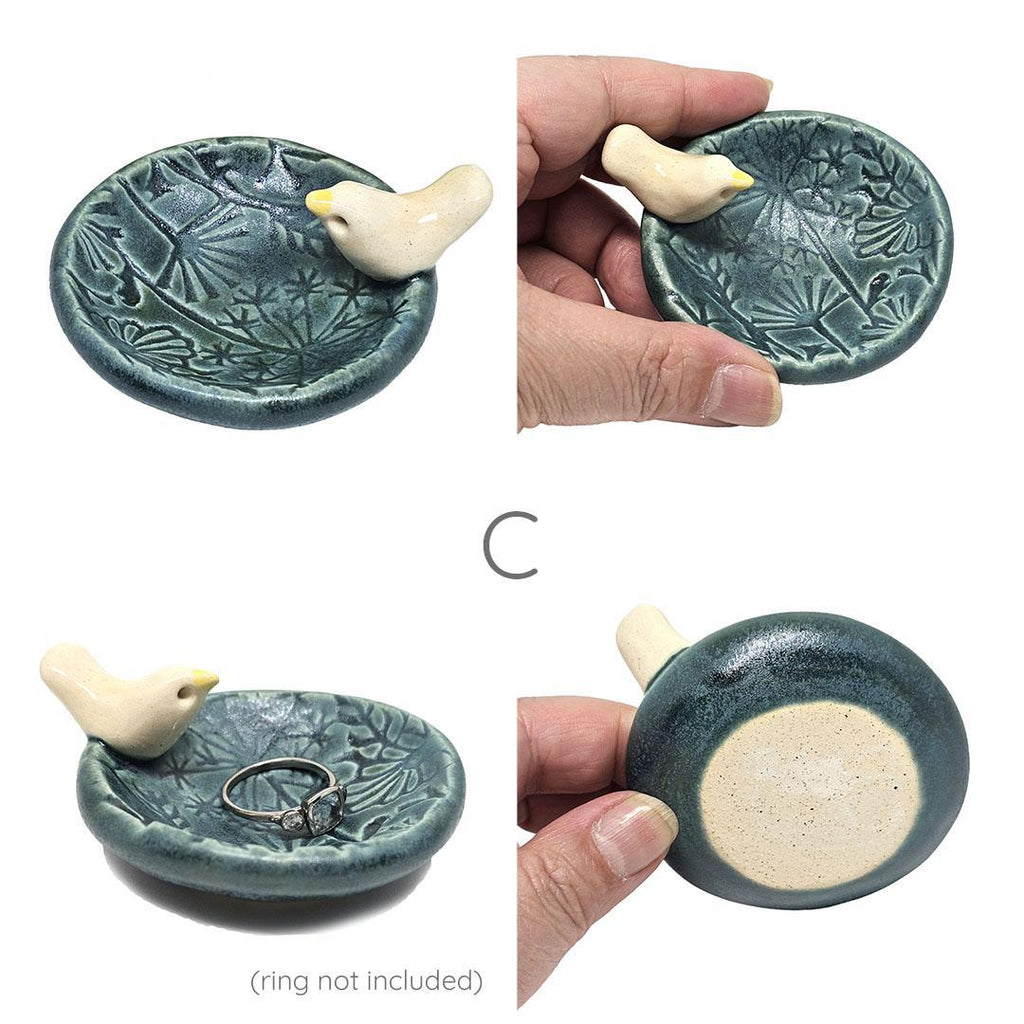 Round Ring Dish - White Bird Floral (Dark Teal Matte) by Tasha McKelvey
