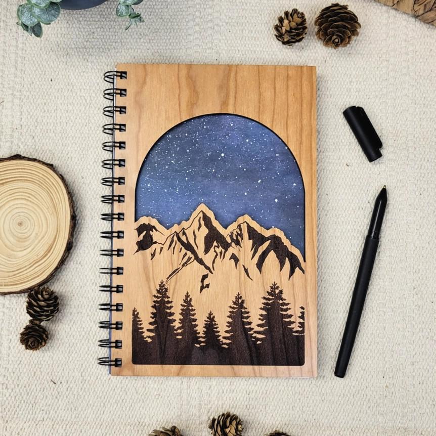 Journal - Starry Mountains Cutout Wood Cover with Lined Pages by Bumble and Birch