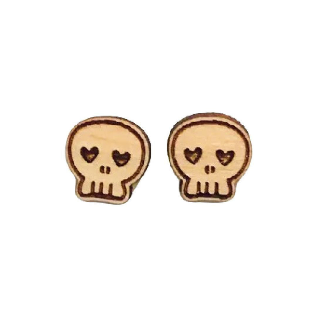 Earrings - Wooden Skull Posts by World Of Whimm