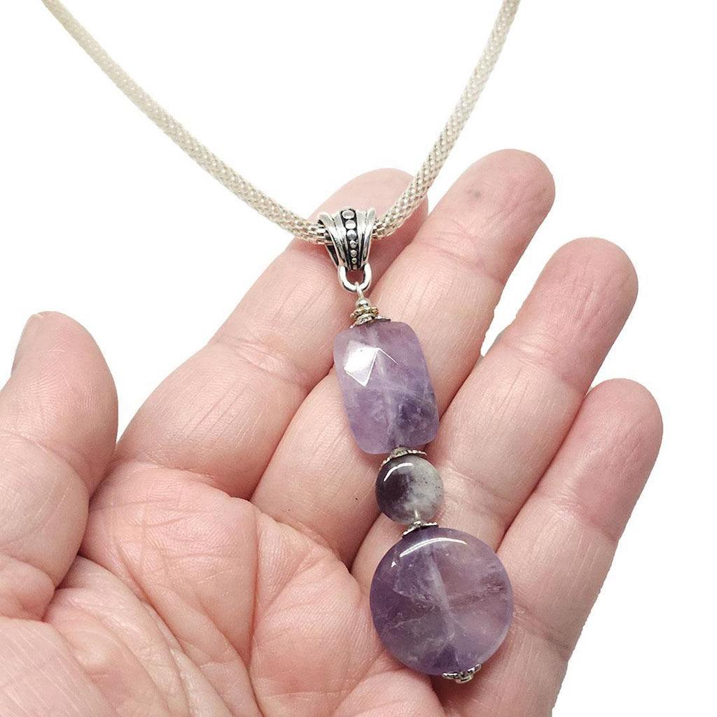Necklace - Amethyst coin and faceted pillow beads Silver Plate Mesh chain by Tiny Aloha