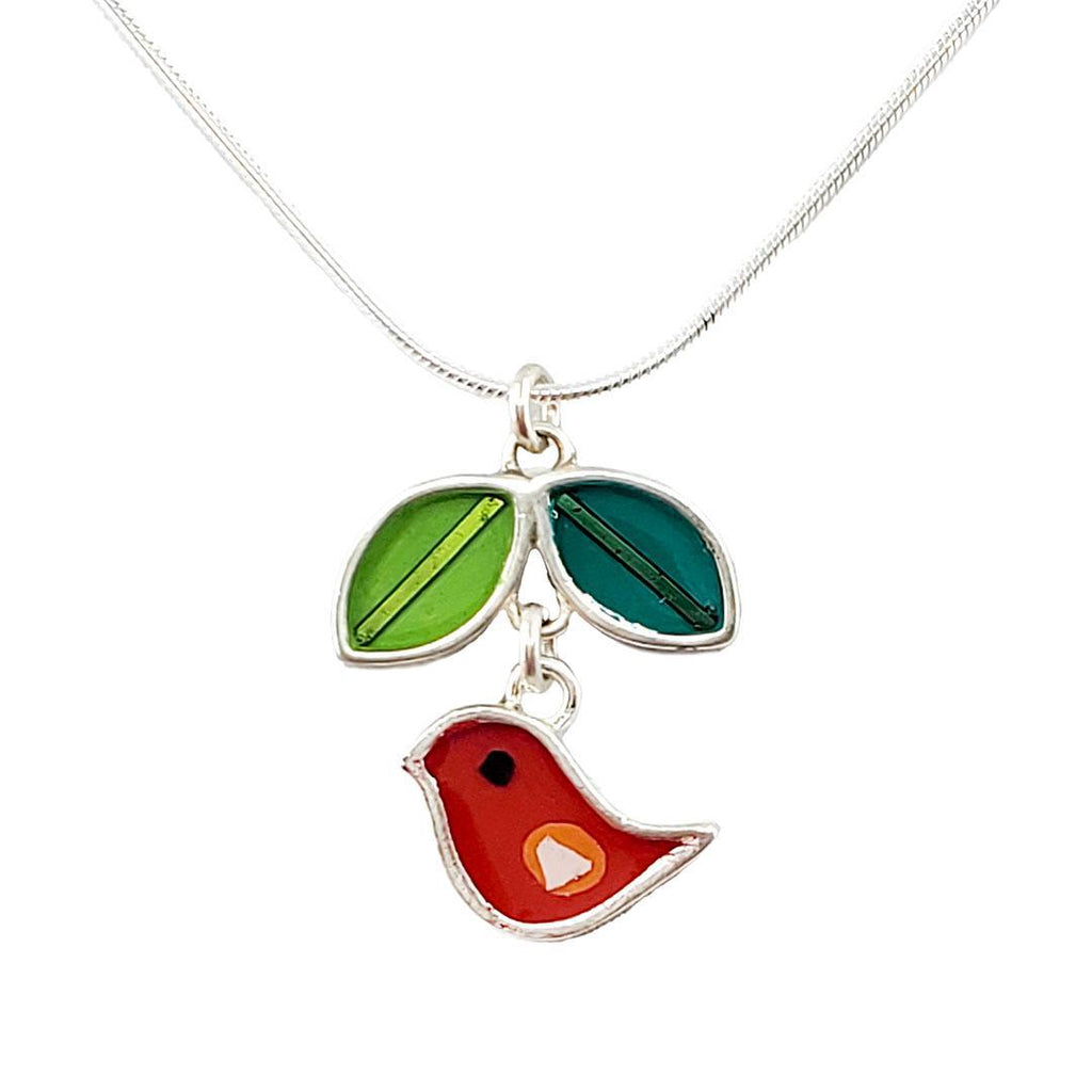 Necklace - Red Bird with Green Leaves (A or B) by Happy Art Studio