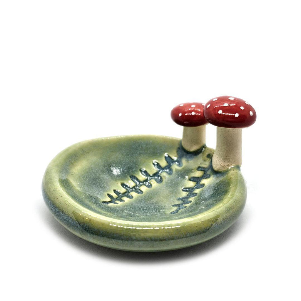 Round Ring Dish - Red Mushrooms and Fern Fronds (Small Green) by Tasha McKelvey