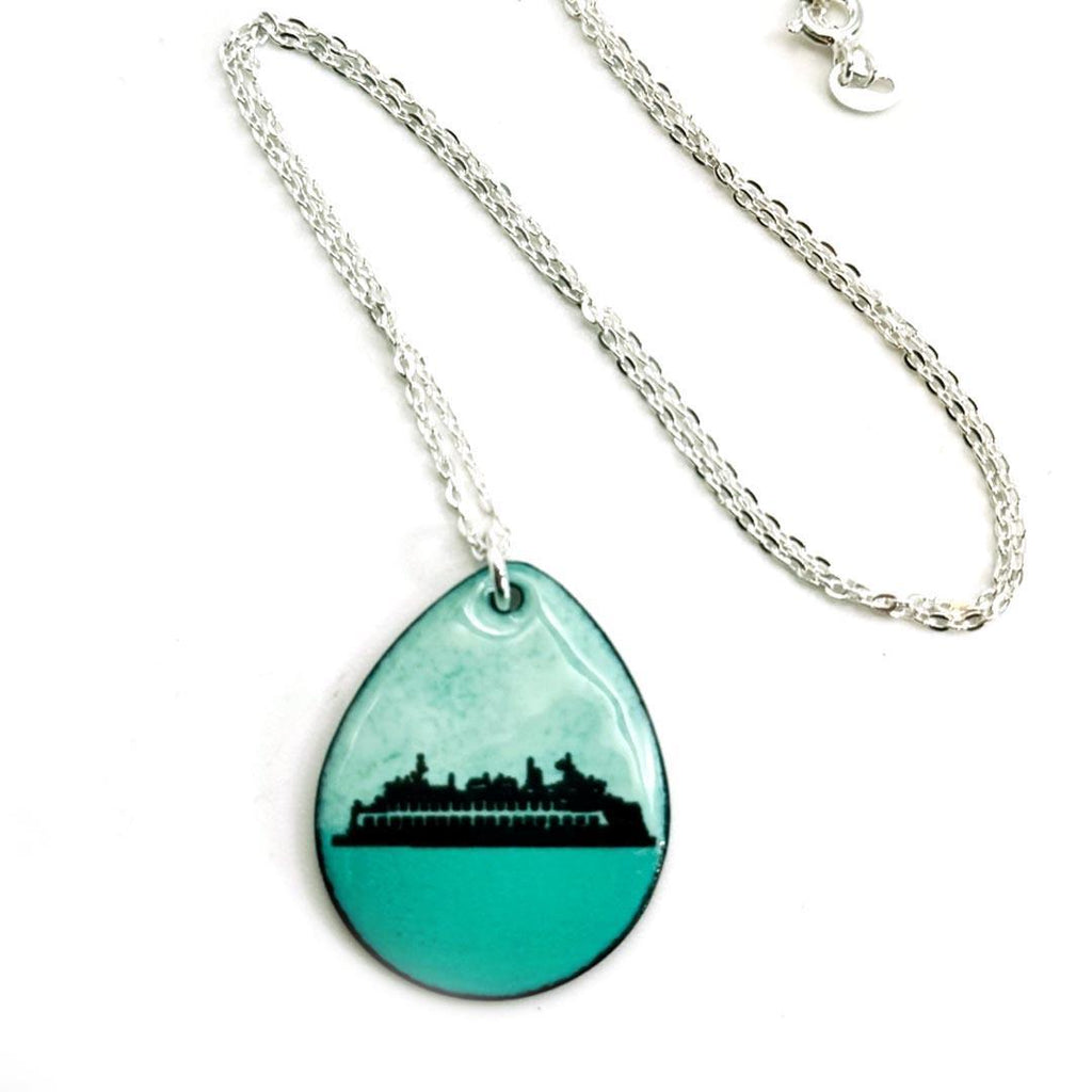 Necklace - Teardrop Pendant (Ferry Boat on Blues) by Magpie Mouse Studios