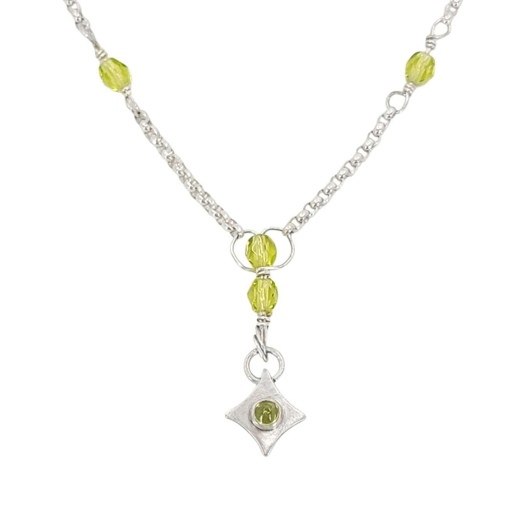 Necklace - Decorated Diamond Drop Stone Pendant (Peridot, Green Glass, Sterling Silver) by imakecutestuff