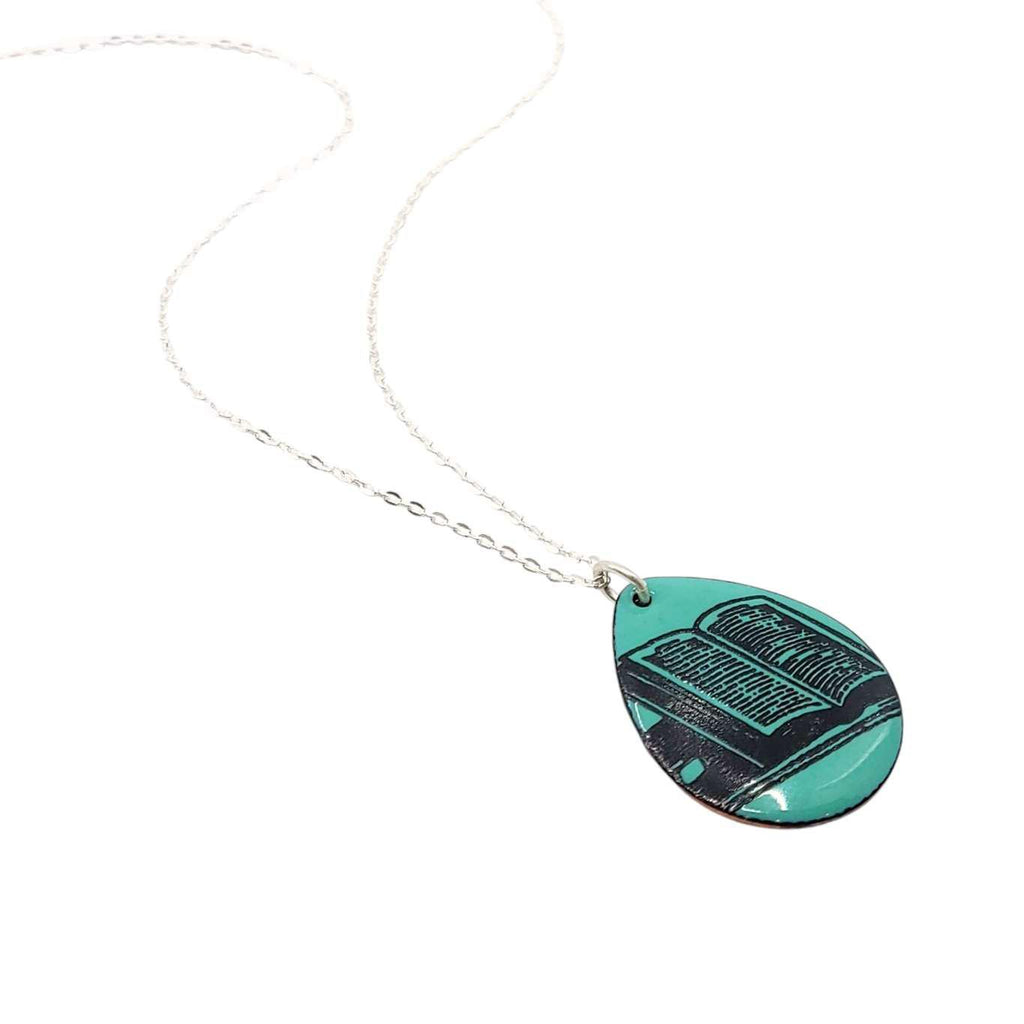 Necklace - Teardrop Book on Teal Background by Magpie Mouse Studios