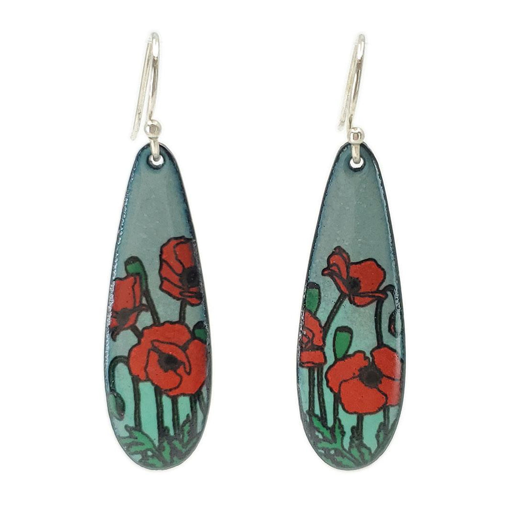 Earrings - Red Poppies Long Teardrop (Gray Turquoise) by Magpie Mouse Studios