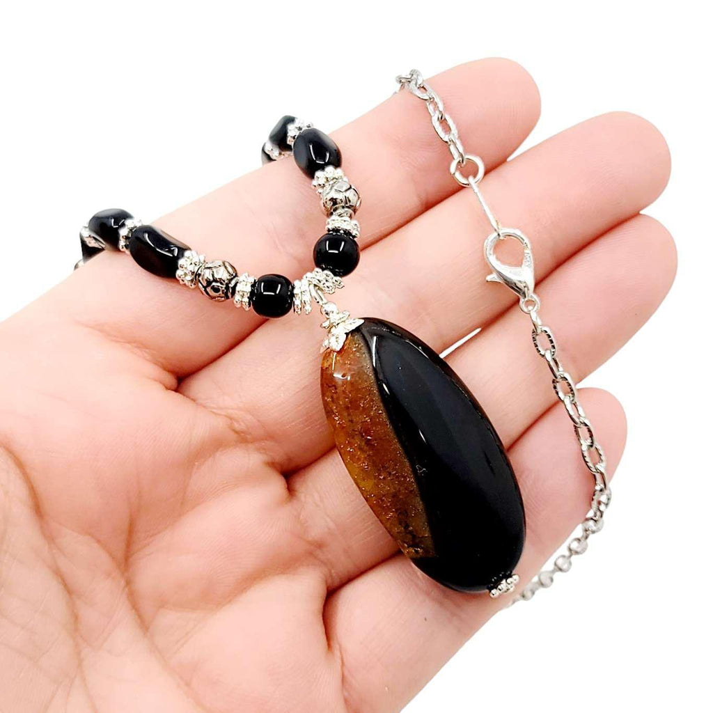 Necklace - Agate Oval Pendant (Black and Brown) by Tiny Aloha