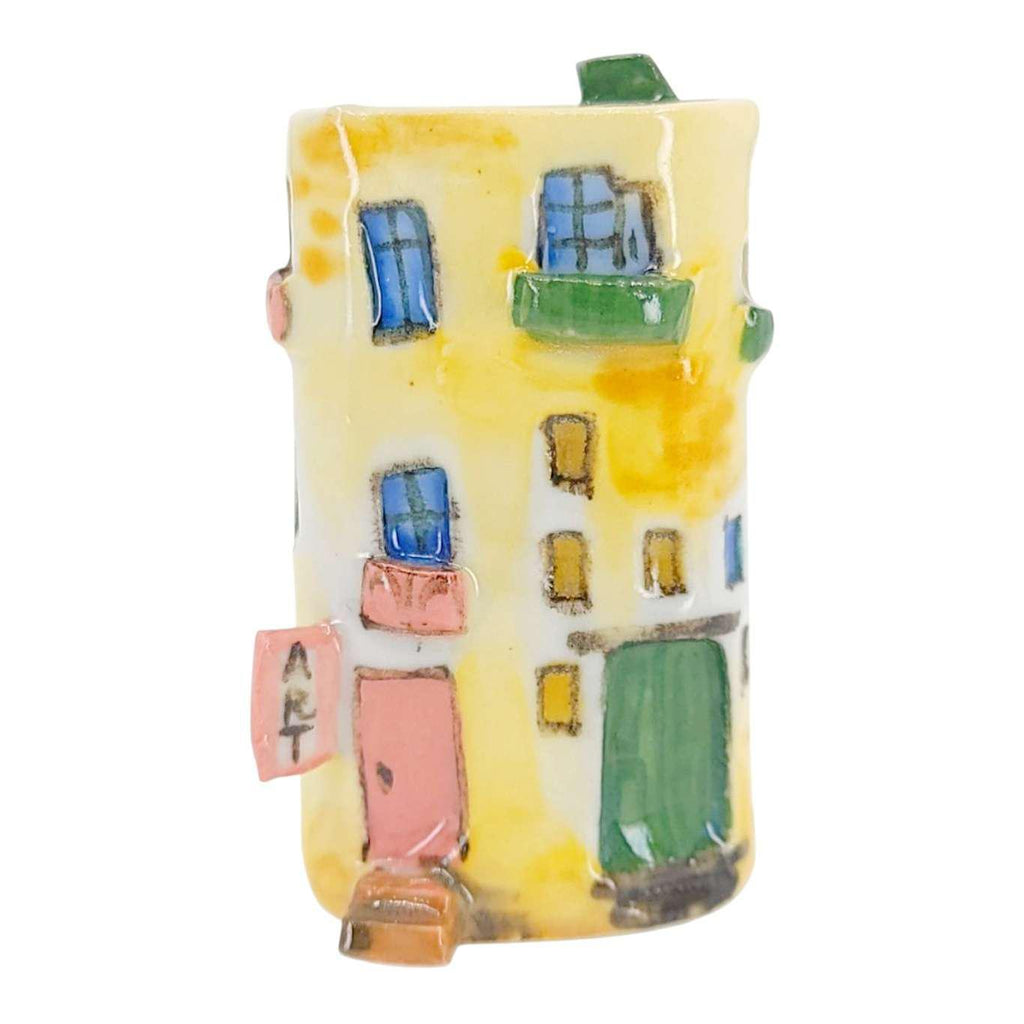 Collectible - Tiny House - Art Gallery (Yellow Walls, Green Roof, Pink Door) by Mist Ceramics