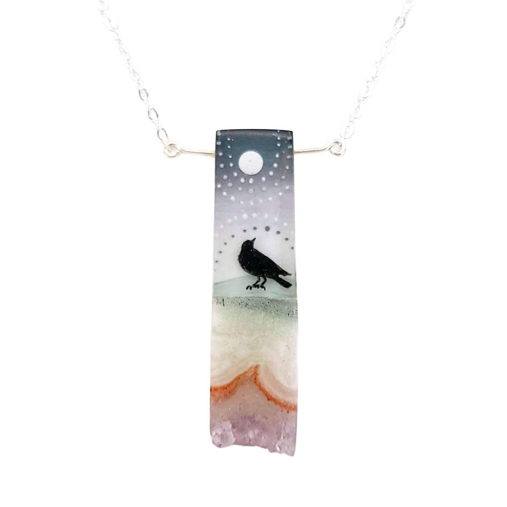 Necklace - Crow and Moon Crystal (Sterling Silver) by Fernworks