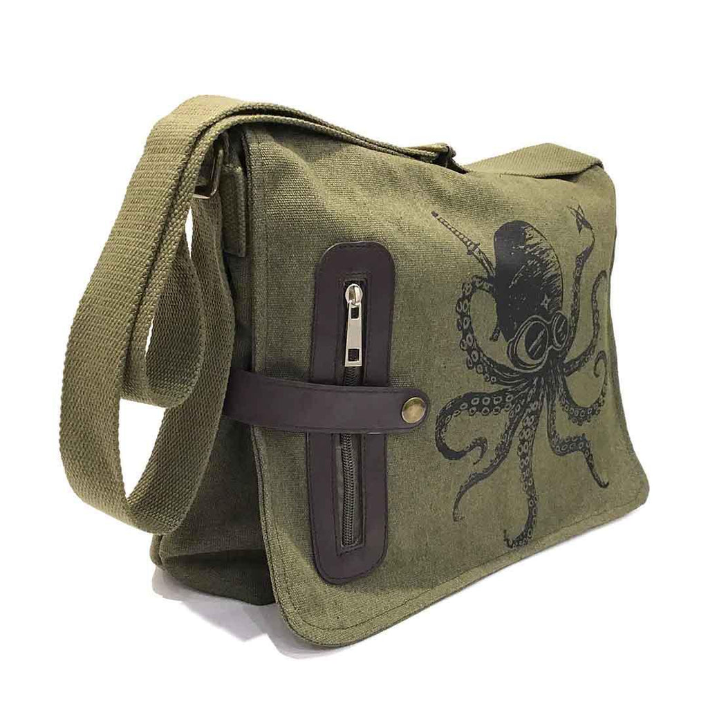 Laptop Bag - Large - Samurai Octopus Black Ink on Olive Green Bag by Namu