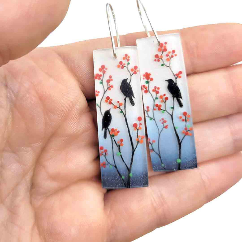 Earrings - Birds Red Berries by Fernworks