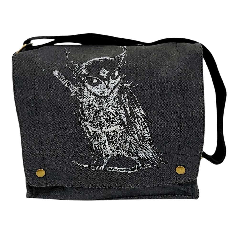 Messenger Bag - Samurai Owl (White Ink on Black Canvas) by Namu