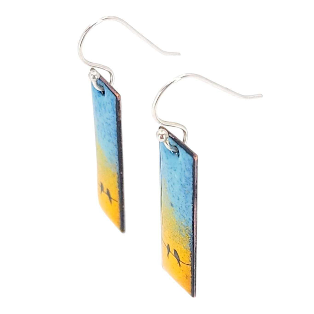 Earrings - Slim Rectangle Bird Pair on Orange and Blue Background by Magpie Mouse Studios