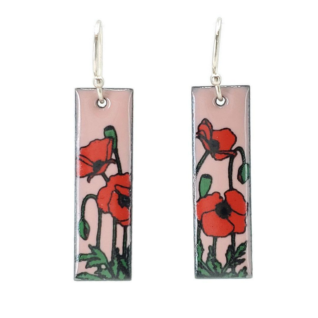 Earrings - Red Poppies Slim Rectangle (Pink) by Magpie Mouse