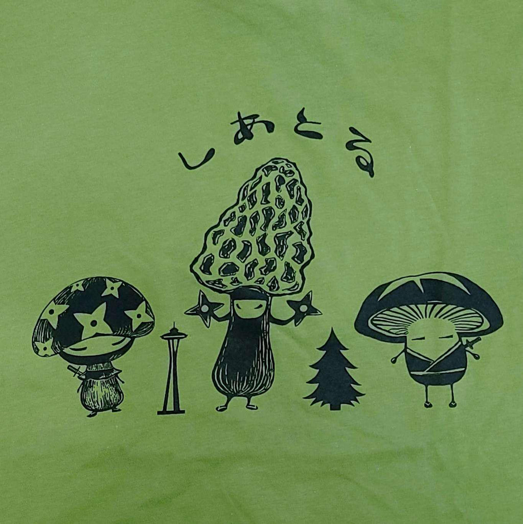 Adult Tee - Mushroom Ninja Trio on Kelly Green Crew Neck Tee (S-XL) by Namu