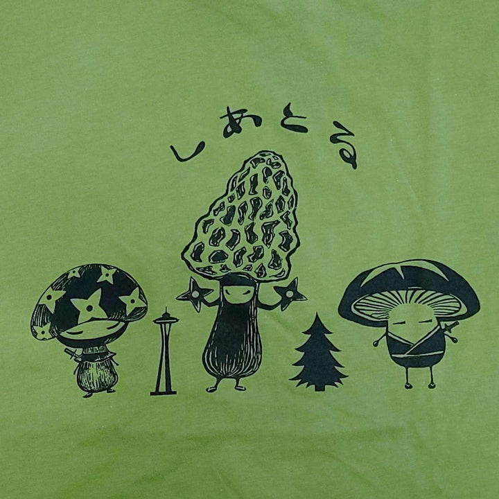 Adult Tee - Mushroom Ninja Trio on Kelly Green Crew Neck Tee (S-2X) by Namu