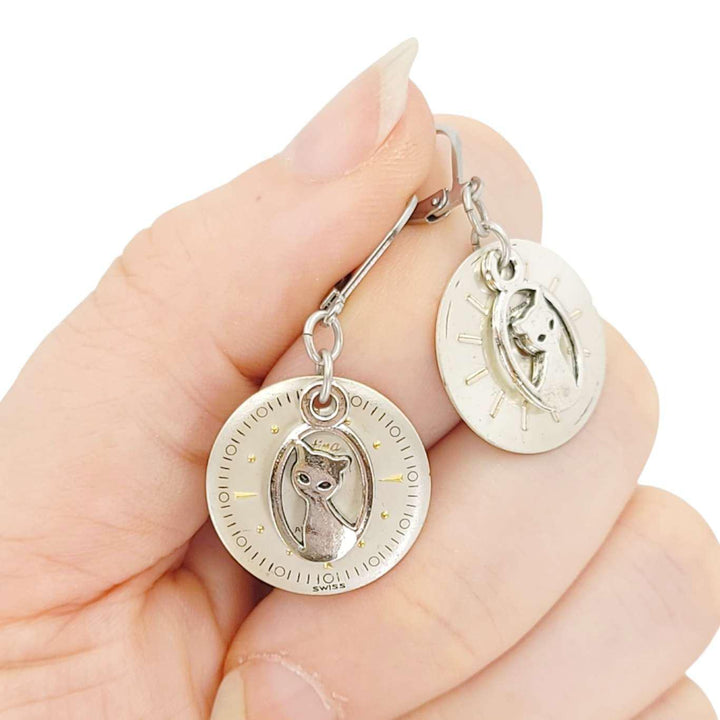 Earrings - Silver Cat Watch Dials by Christine Stoll Studio