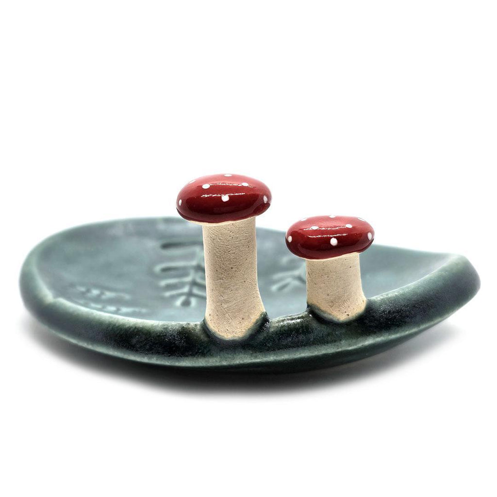 Oval Ring Dish - Red Mushrooms and Fern Fronds (Dark Teal) by Tasha McKelvey