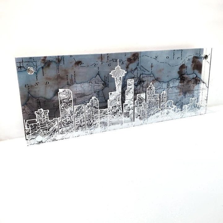 Wall Art - 16x6in - Seattle Skyline Clouds Floating Frame Map by Modern Terrain