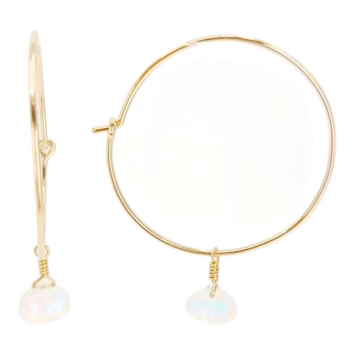 Earrings - Rainbow Moonstone Drop Hoops (14k Gold Fill) by Foamy Wader