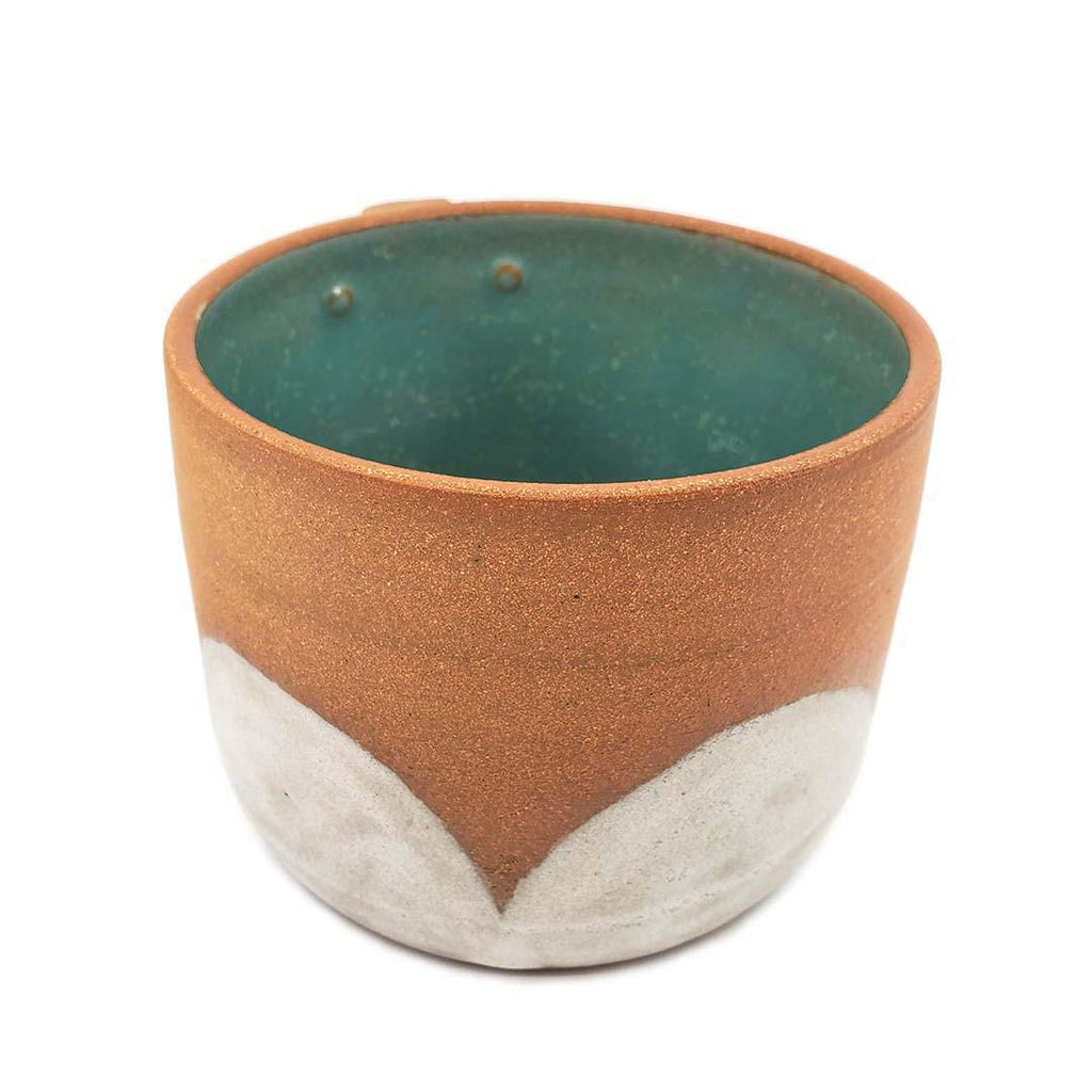 Friendly Pot -  M - Wide Smiling Face and White Scallops Cachepot (Teal Interior) by Kathy Manzella Ceramics