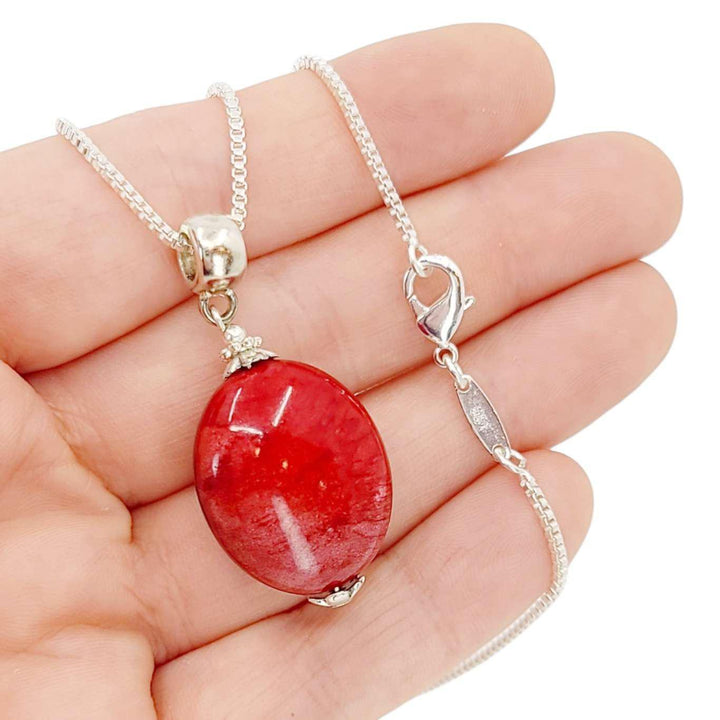 Necklace - Large Oval Pendant (Red Resin, Silver Fill) by Tiny Aloha