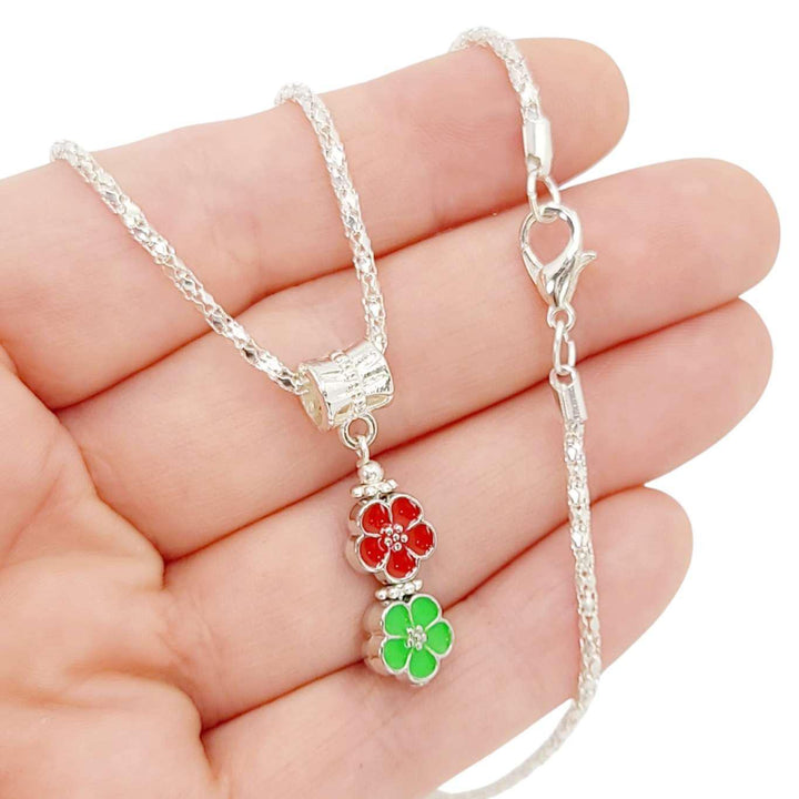 Necklace - Double Small Flower Pendant (Red Green, Silver Plate) by Tiny Aloha