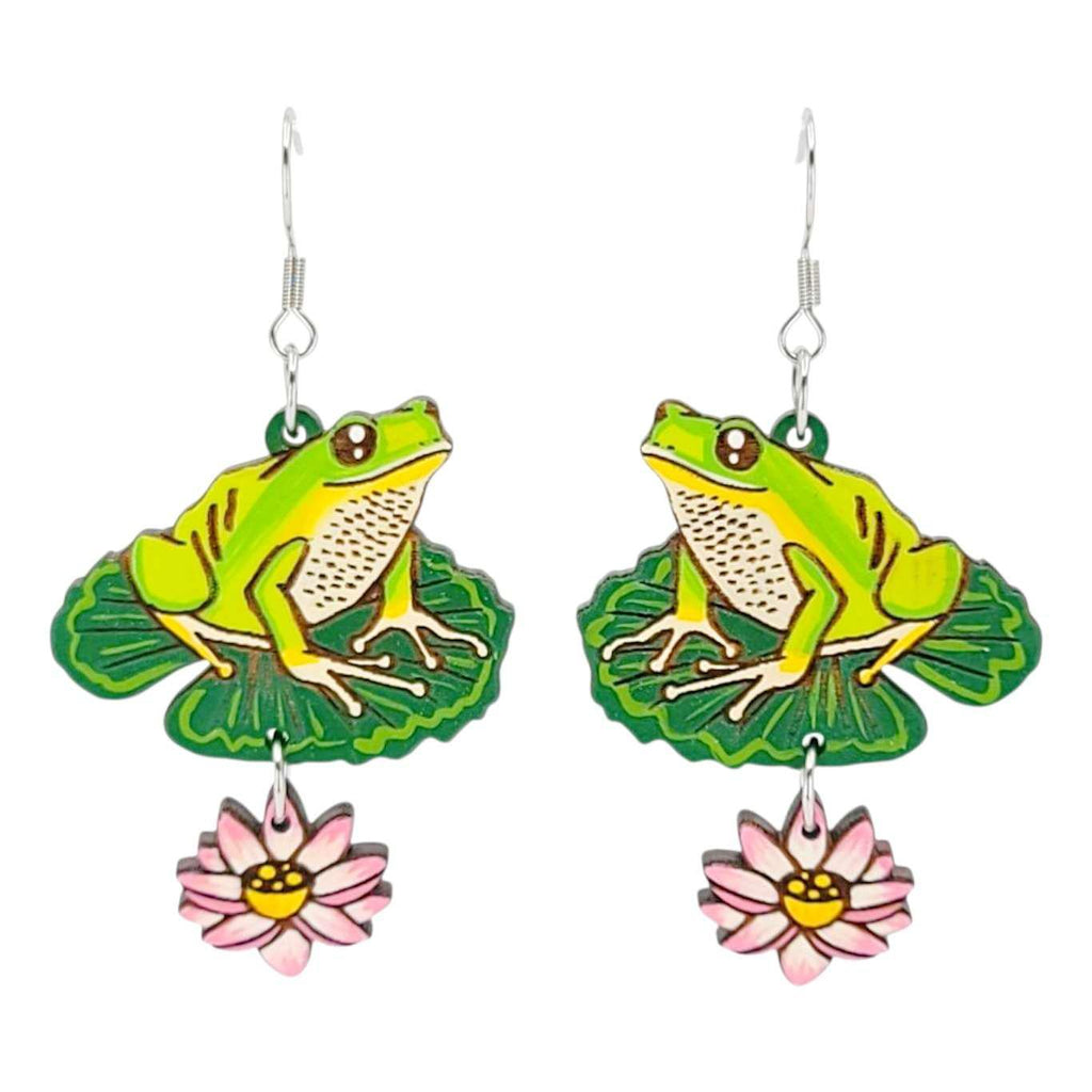Earrings - Frog and Lily Pad (Silver French Hooks) by Fresh Cuttery