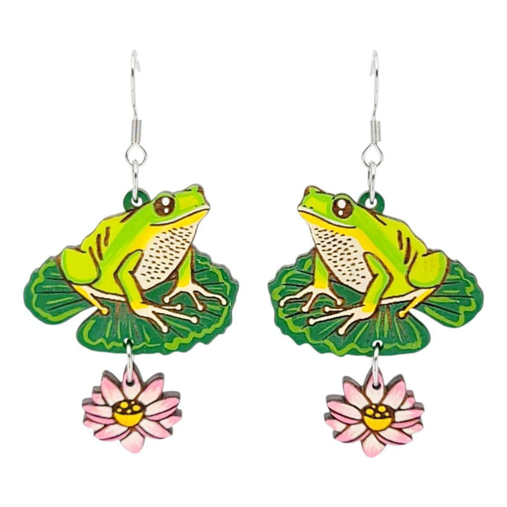 Earrings - Frog and Lily Pad (Silver French Hooks) by Fresh Cuttery