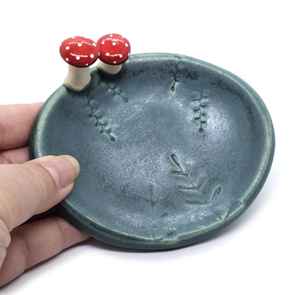 Oval Ring Dish - Red Mushrooms and Fern Fronds (Dark Teal) by Tasha McKelvey