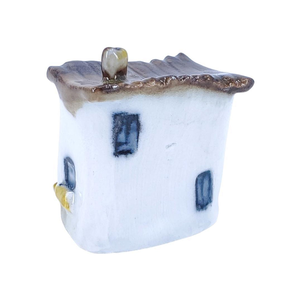 Tiny House - White Bookstore Gold Door Brown Roof by Mist Ceramics