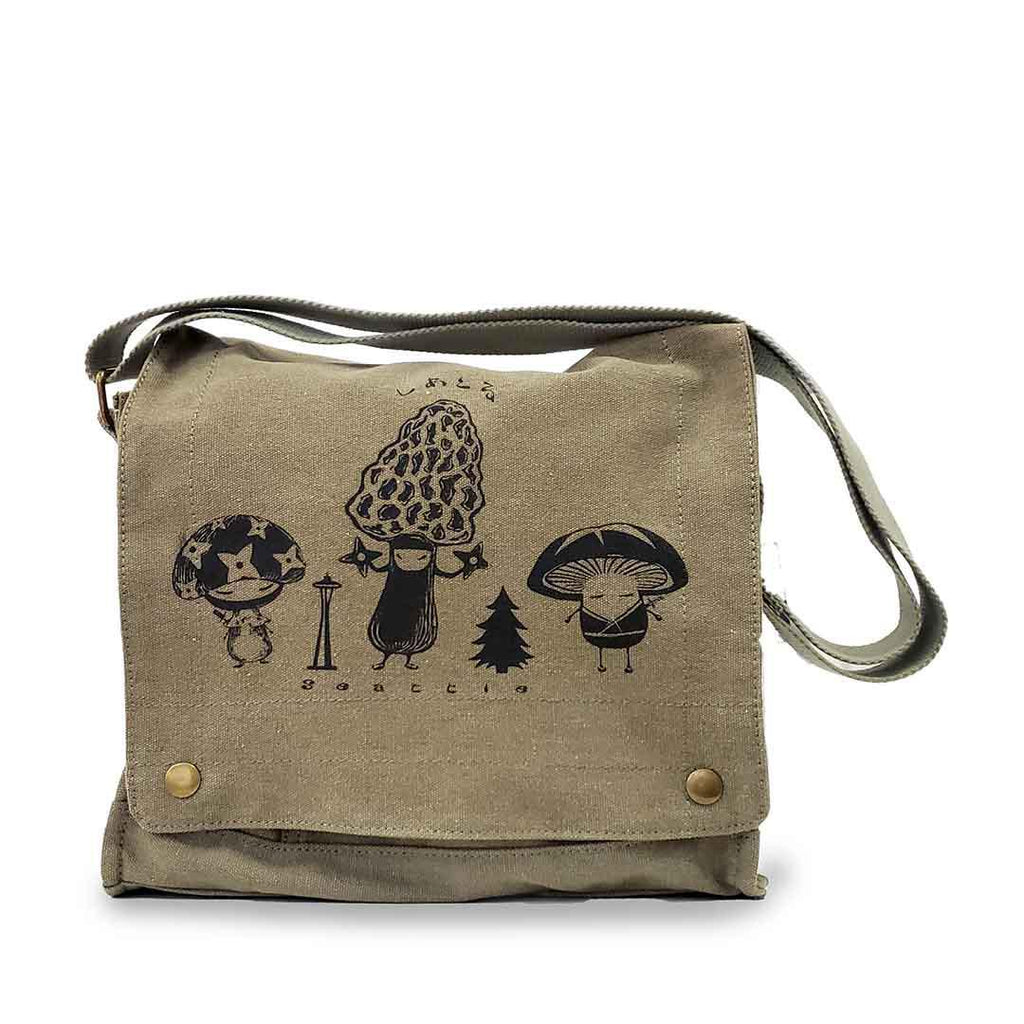 Messenger Bag - Black Mushroom Samurai Trio on Olive Green Bag by Namu