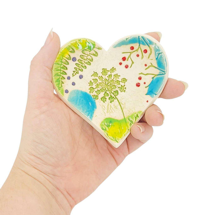 Ring Dish -  3 1/2 in - Pressed Flower Heart Pottery Dish by Walton Clay Studio