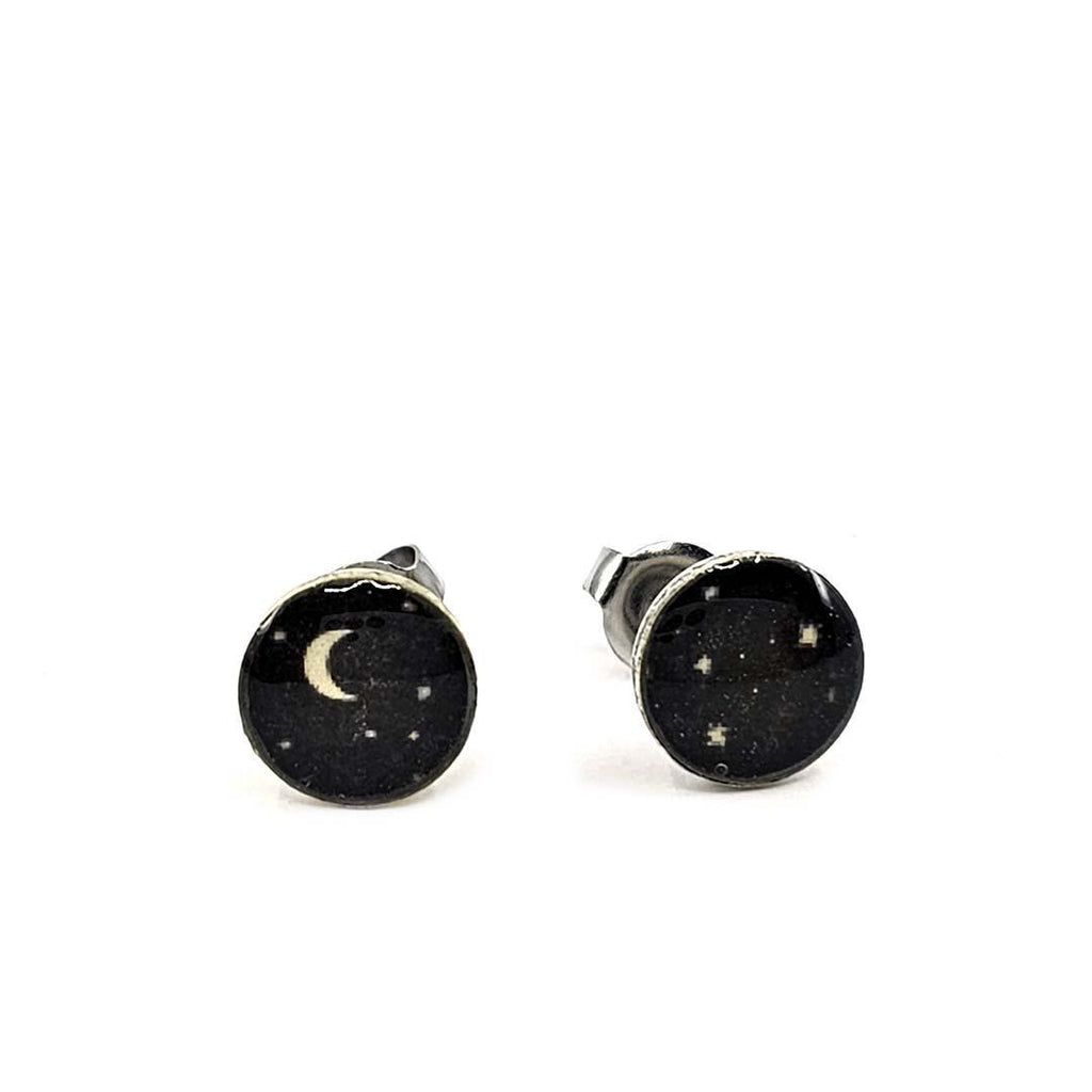 Earrings - Tiny Posts - Moon and Stars Antiqued Silver by Christine Stoll | Altered Relics