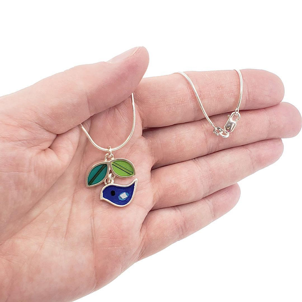 Necklace - Dark Blue Bird with Green Leaves by Happy Art Studio