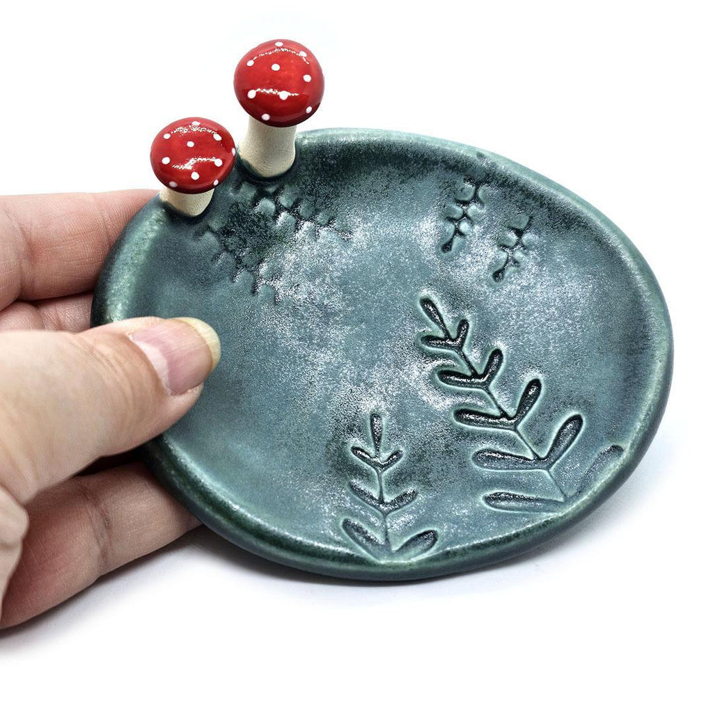 Oval Ring Dish - Red Mushrooms and Fern Fronds (Dark Teal) by Tasha McKelvey