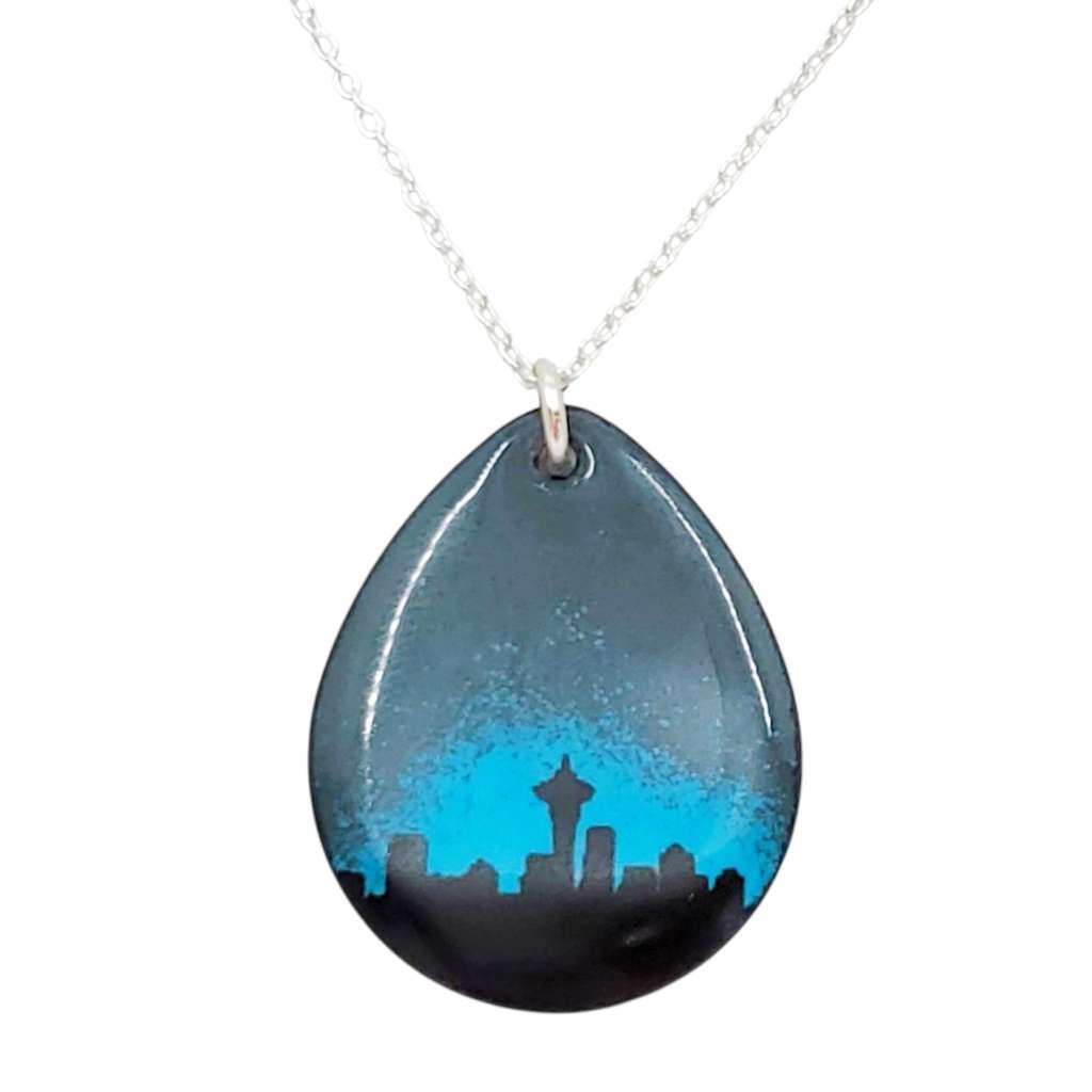 Necklace - Teardrop Pendant (Seattle Skyline on Steel Gray and Sapphire blue) by Magpie Mouse Studios