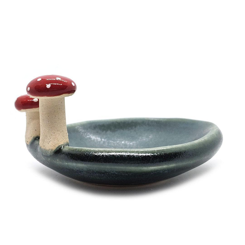 Round Ring Dish - Red Mushrooms Fern Fronds (Small Dark Teal) by Tasha McKelvey