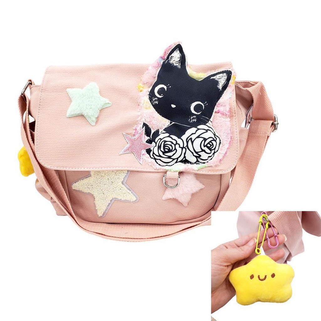 Messenger Bag - Cat Flowers Stars with Star Friend on Pink Bag by Namu