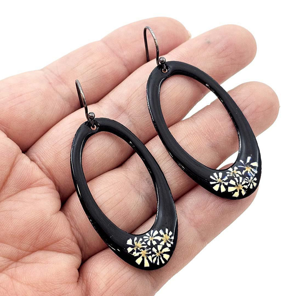 Earrings - Open Oval (Black Daisies) by Magpie Mouse Studios