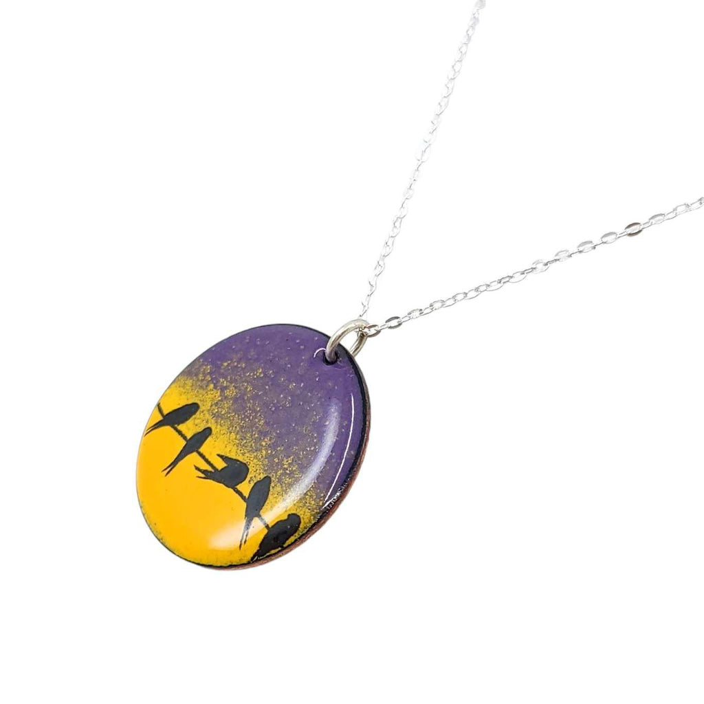 Necklace - Birds on Wire with Purple and Orange Background by Magpie Mouse Studios