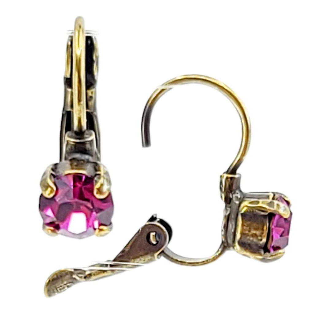 Earrings - Fuchsia Pink - Brass Fixed Vintage Rhinestone Leverbacks by Christine Stoll | Altered Relics