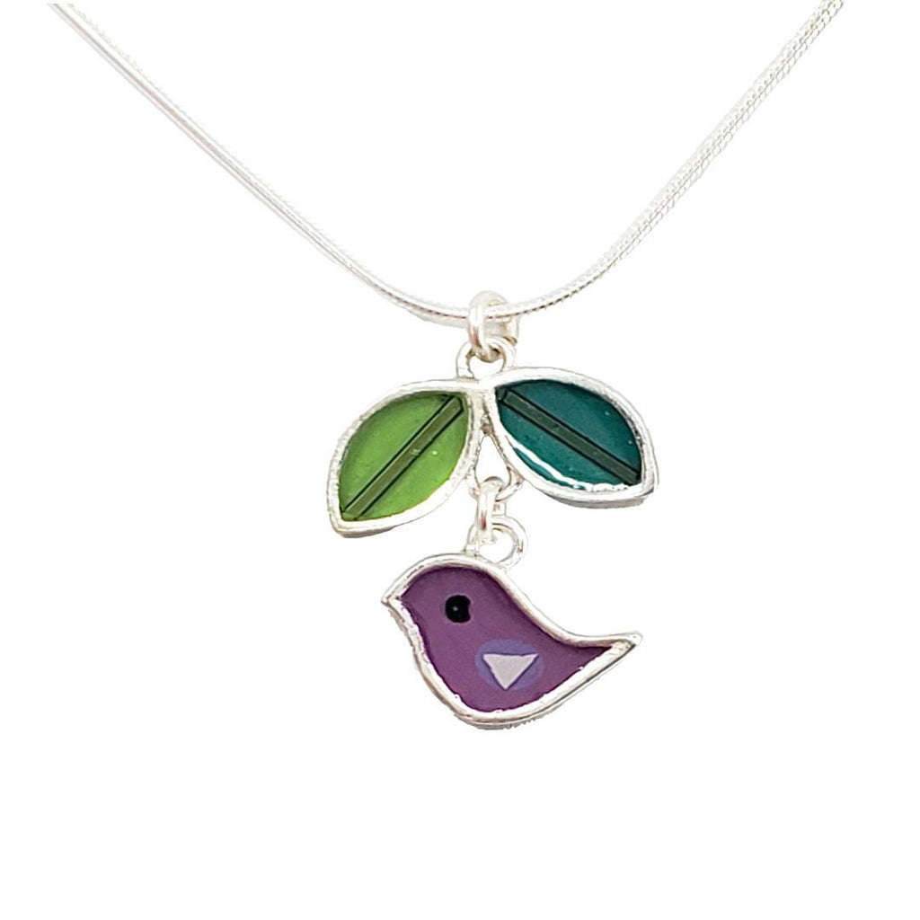 Necklace - Purple Bird with Green Leaves by Happy Art Studio